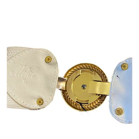 Vintage 80s motel cheetah head buckle gold tone Ivory Stretch belt Sz L - Picture 5 of 11